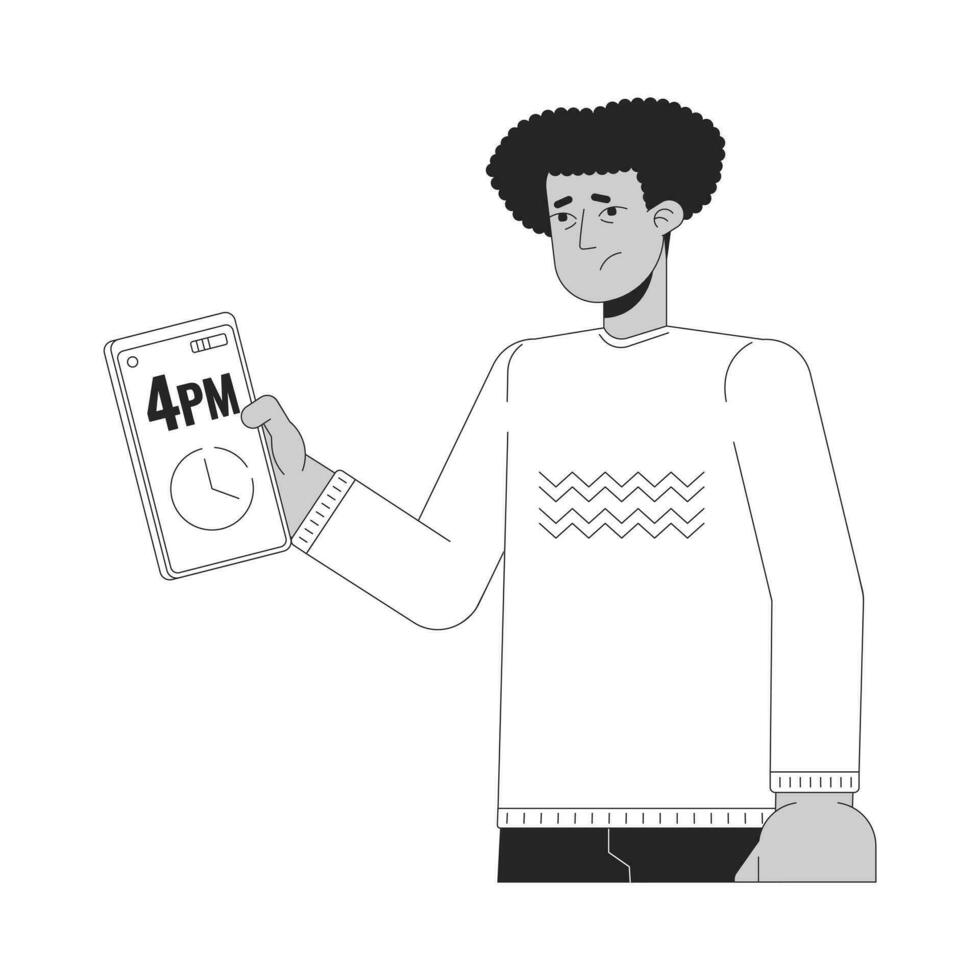 Tired hispanic man checking time on phone black and white 2D line cartoon character. Sleep deprived latin american guy isolated vector outline person. Exhausted monochromatic flat spot illustration