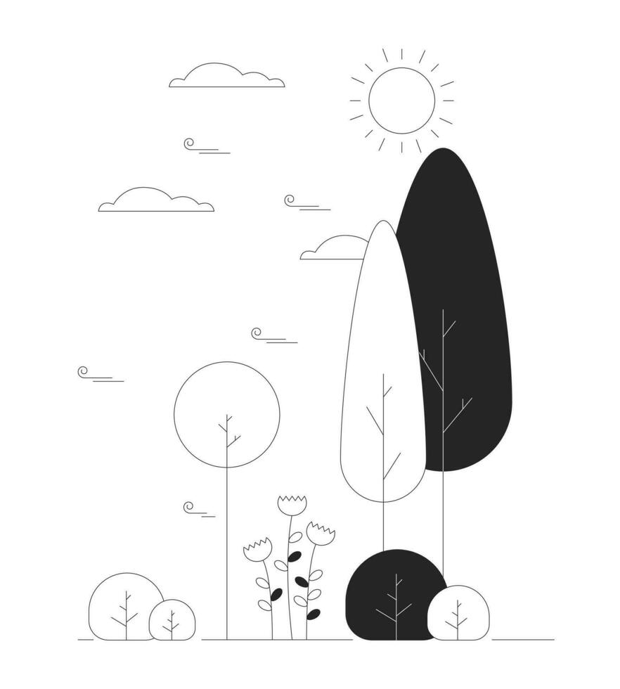 Brillo Solar parque paisaje negro y blanco dibujos animados plano ilustración. soleado día jardín 2d arte lineal paisaje aislado. primavera Hora de verano. Dom nubes ambiente monocromo escena vector contorno imagen