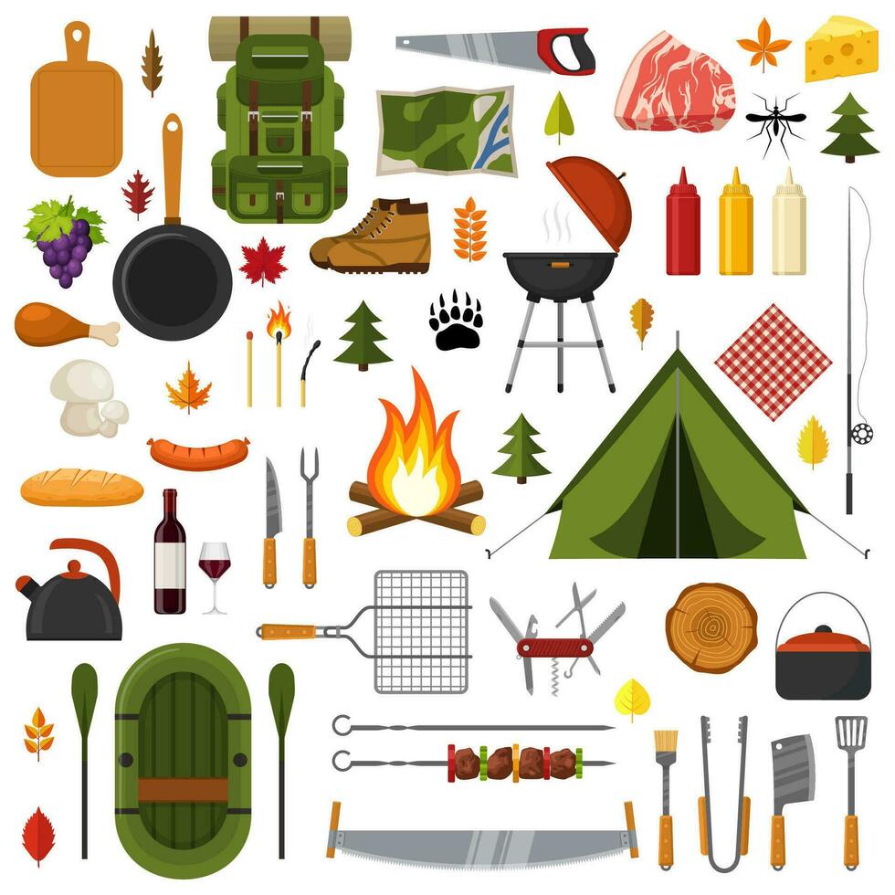 Camping and hiking elements. Forest hike icon set. Camp gear backpacker collection tourist tent, backpack, food, barbecue, boat, shoes, campfire and other camping equipment. Wanderlust scout adventure vector