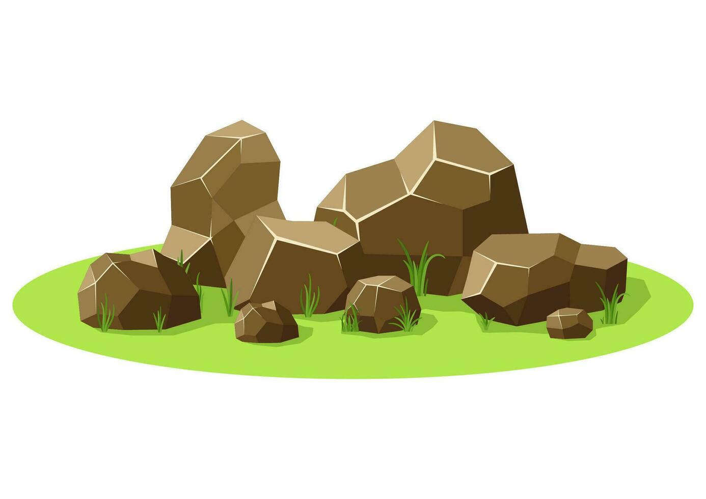 Rocks and stones piled on green grass. Stones and rocks in isometric 3d flat style. Set different shapes and sized boulders for background natural landscape and game. Vector illustration