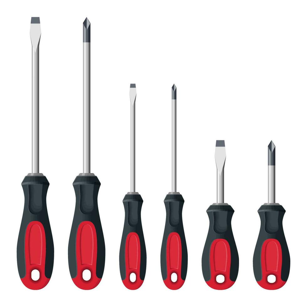 Realistic screwdrivers set isolated on white background. Hand tools for repair and construction. Small and large, Crosshead and flathead phillips screwdrivers, Vector illustration