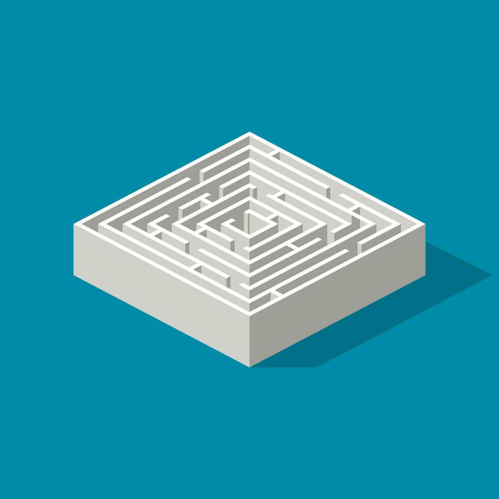 Labyrinth isometric game and maze fun puzzle isolated on blue background. Puzzle riddle logic game isometric concept. Vector illustration