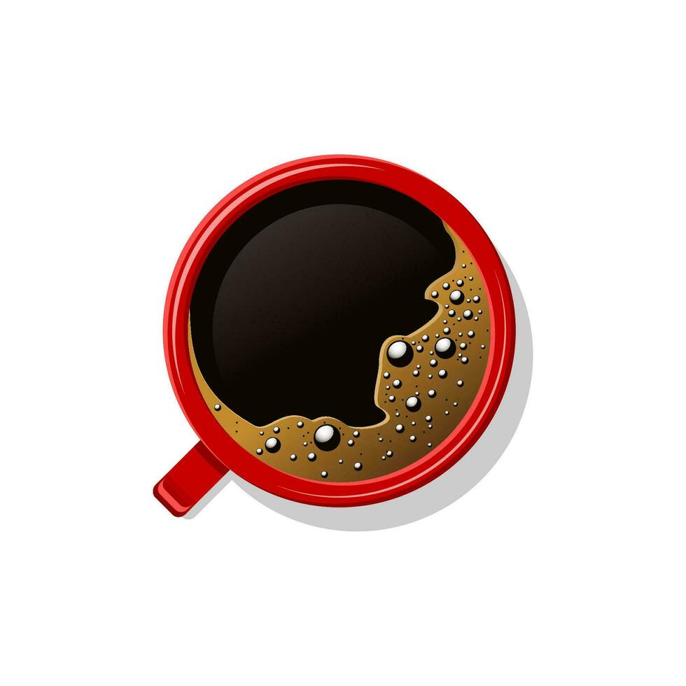 Top view black coffee in red cup isolated on white. Mug of brown coffee with foam and bubbles. Hot beverage, drink in white ceramic, porcelain cup. Vector illustration.