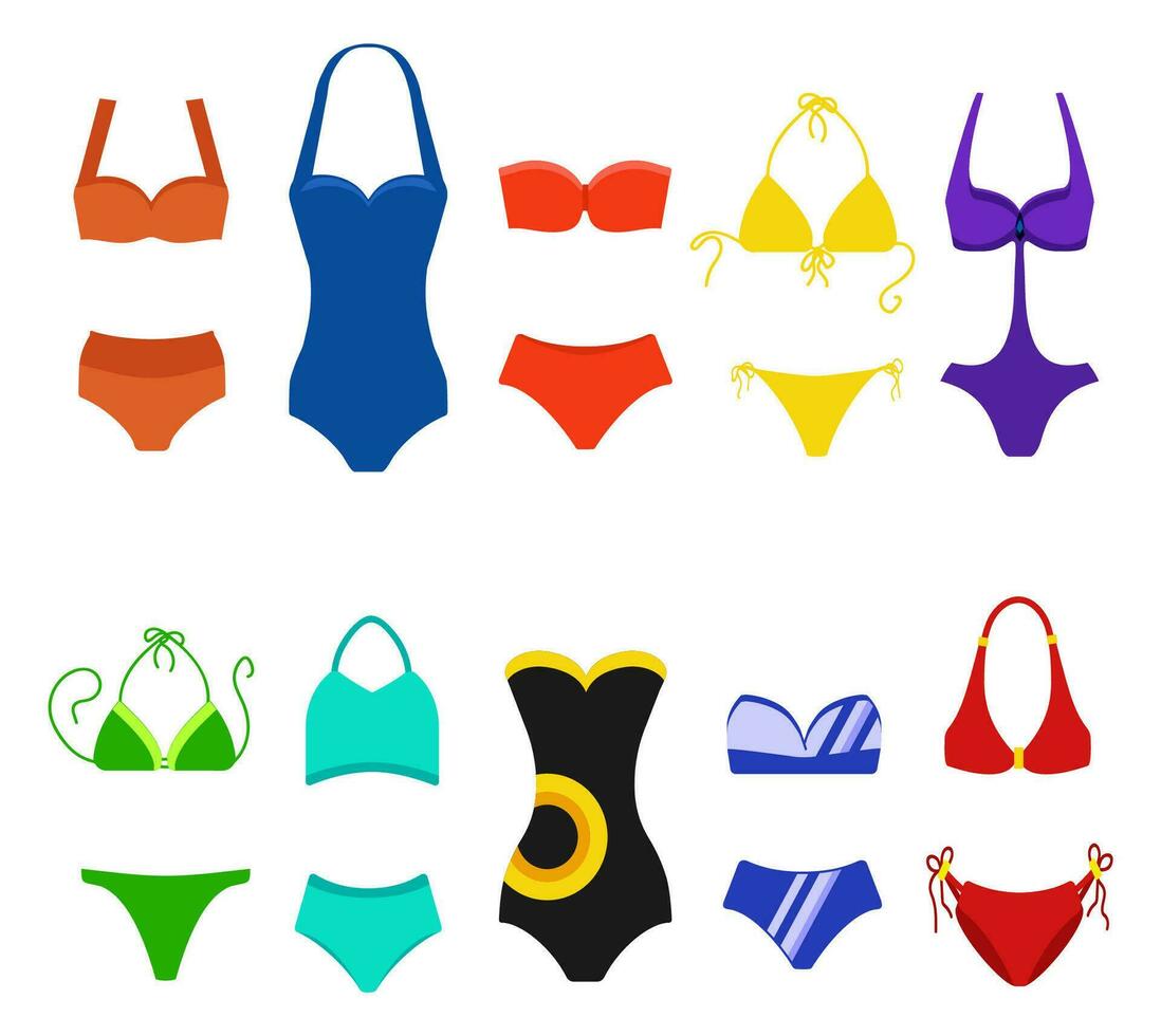 conjunto de mujer traje de baño aislado en blanco antecedentes. bikini baños trajes para nadar. Moda bikini, tankini y monokini recopilación. vector ilustración