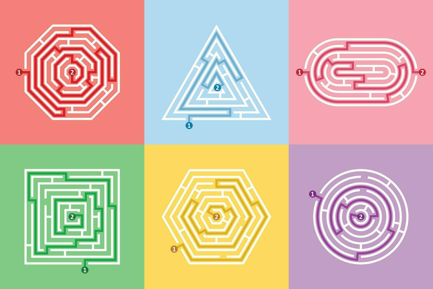 Labyrinth different shapes game and maze fun puzzle set. Maze square, round, hexagon, oval and triangle puzzle rebus riddle logic game concept. Vector illustration