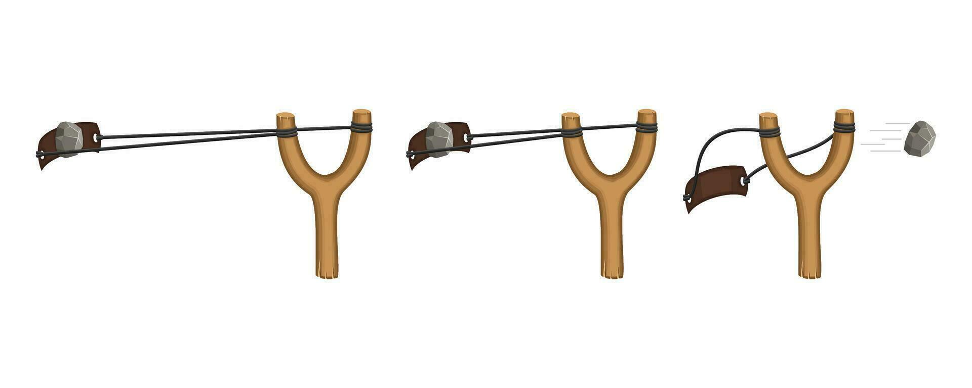 Wooden slingshot isolated on a white background. Homemade slingshot animation, wooden handle with rubber bands. Wooden catapult. Children toy for throwing stones. Vector illustration.