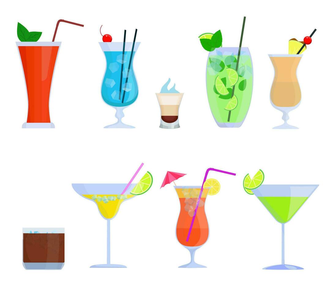 Tropical cocktails, juice, drink glass set isolated on white background. Alcoholic cocktails Bloody Mary, Mojito, Pina Colada, Margarita and etc. Vector illustration in flat style