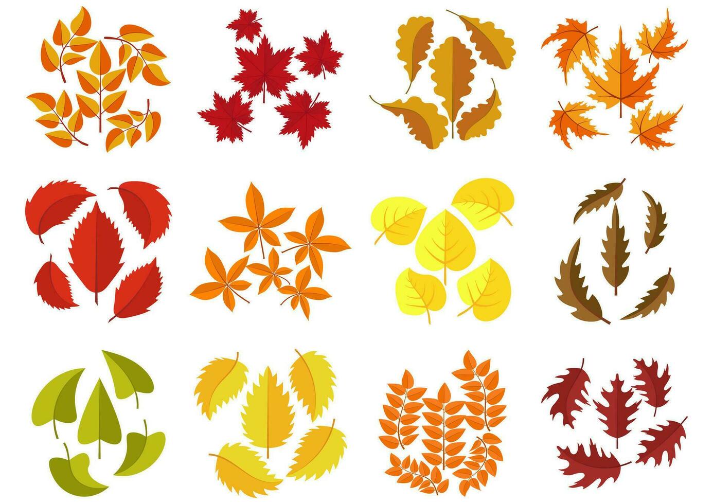 Set of colorful autumn leaves isolated on white background. Green, red and orange fallen autumn leaves collection in flat style. Vector illustration