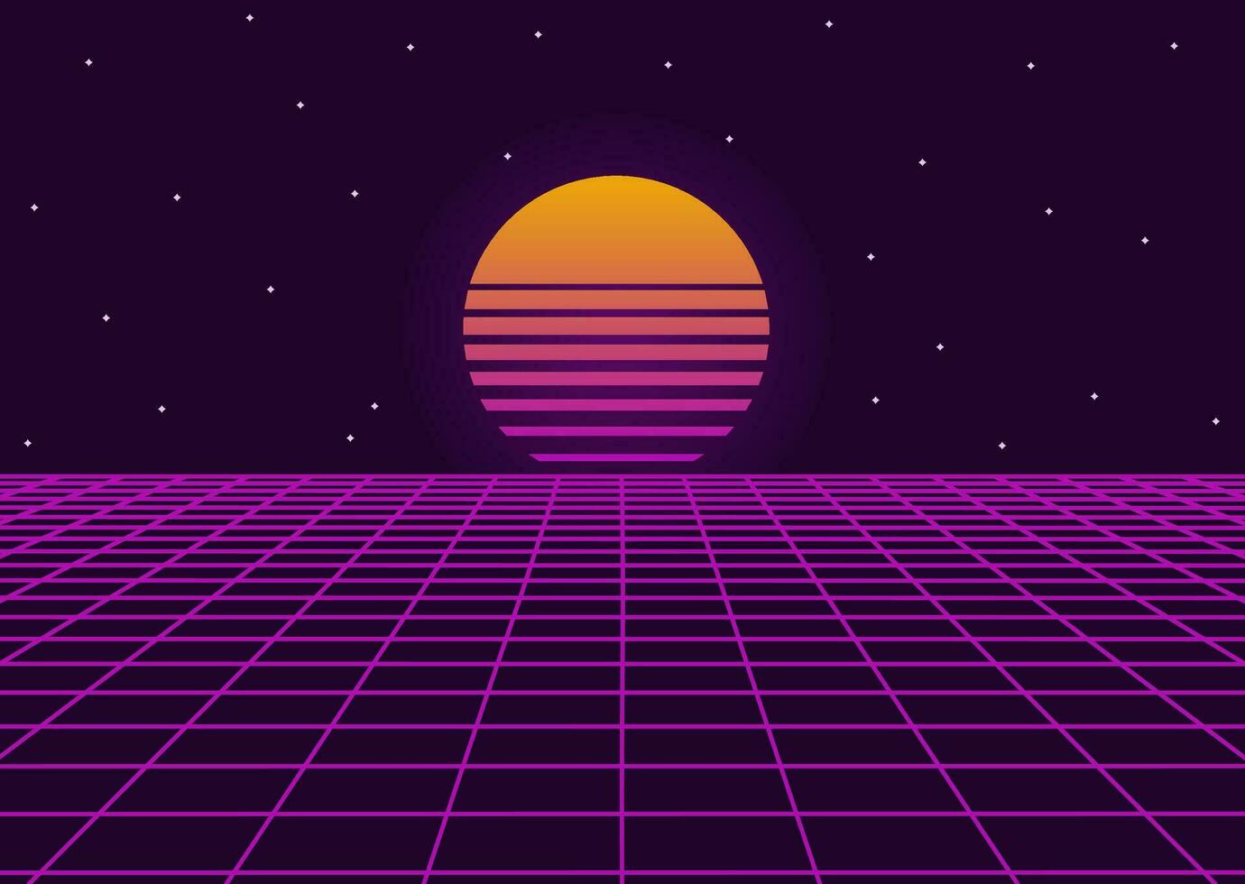 Futuristic retro landscape of the 80s. background. Neon geometric synthwave grid, light space with setting sun abstract cyberpunk design purple 80s disco fantastic. Vector illustration.