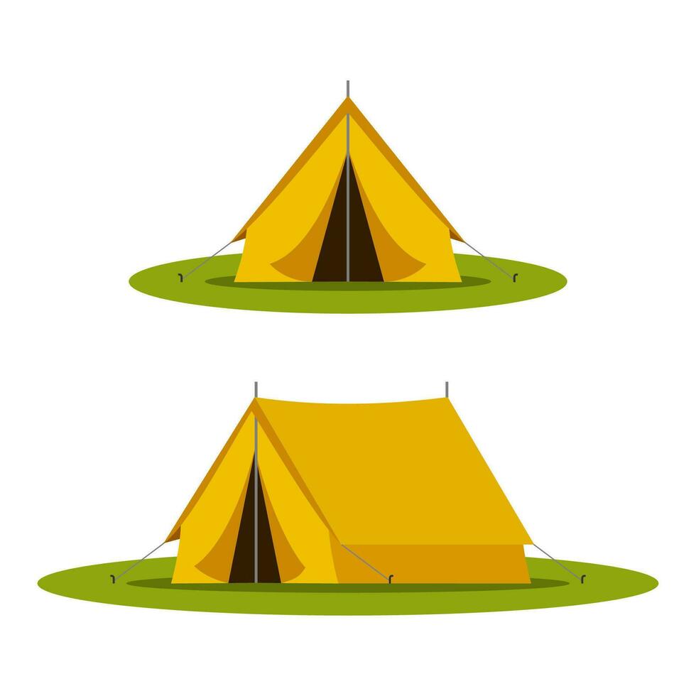 Yellow camping tourist tent in outdoor travel on white background. Vector illustration for nature tourism, journey, adventure