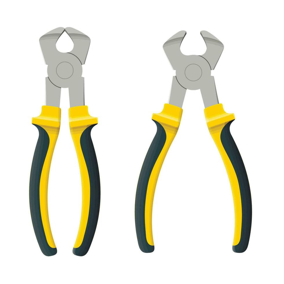 Cutting pliers open and close isolated on white background. Builder, construction and repair hand tools with plastic handles. Realistic cutting pliers pliers vector illustration