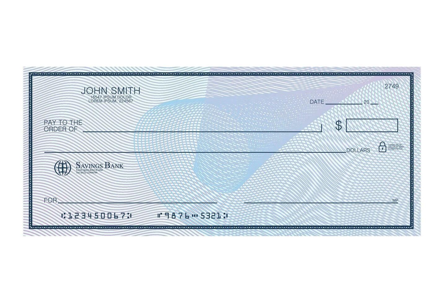 blanco banco cheque con resumen filigrana. personal escritorio cheque modelo con vacío campo a llenar. billete de banco, dinero diseño, moneda, banco nota, vale, regalo certificado, dinero cupón vector