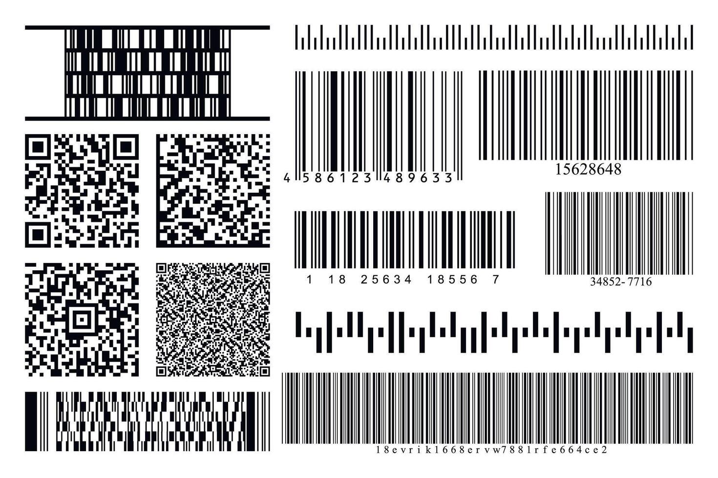 códigos de barras y qr codigos colección colocar. negro a rayas código para digital identificación. vector código información, qr, Tienda escanear códigos. industrial codificación información. vector ilustracion