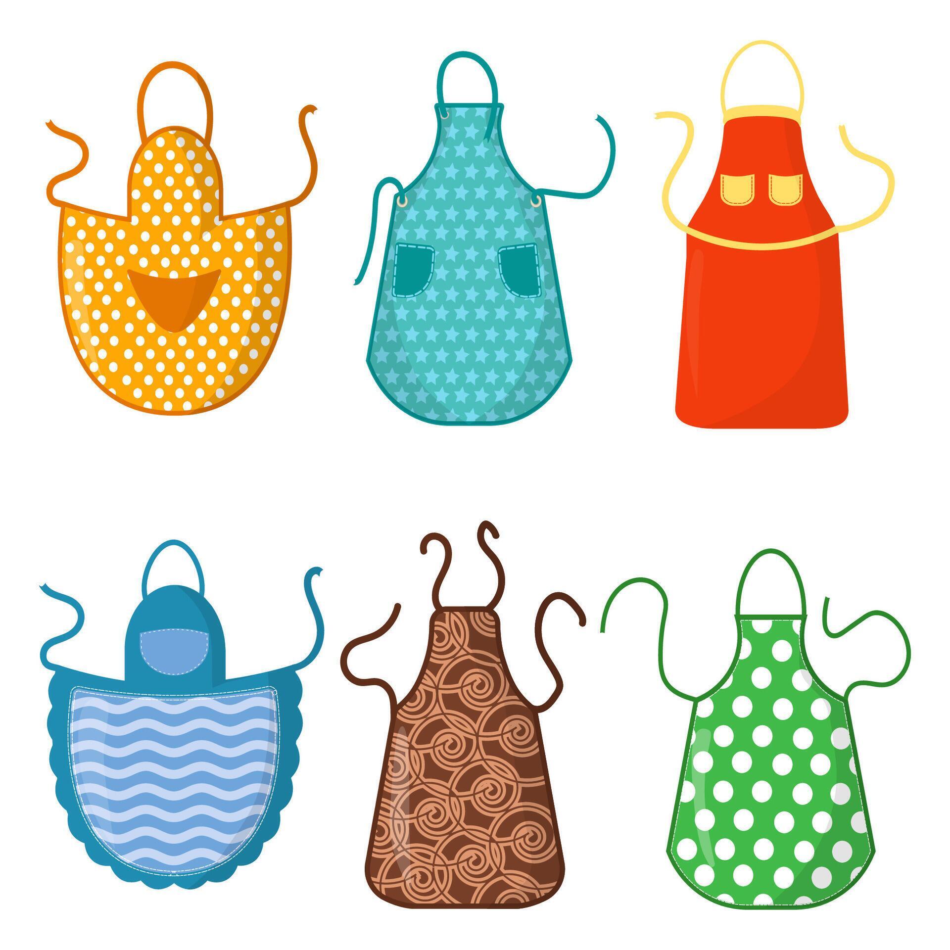 Set of colorful kitchen aprons with patterns icons isolated on white