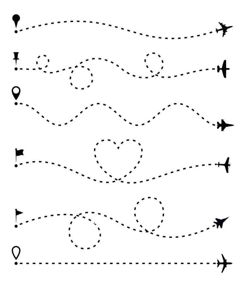 avión ruta colocar, rayado línea rastro y avión rutas aislado en blanco. avión línea camino, aviones y patas simbolos avión direccional ruta, mapa punteado sendero y mosca dirección. vector