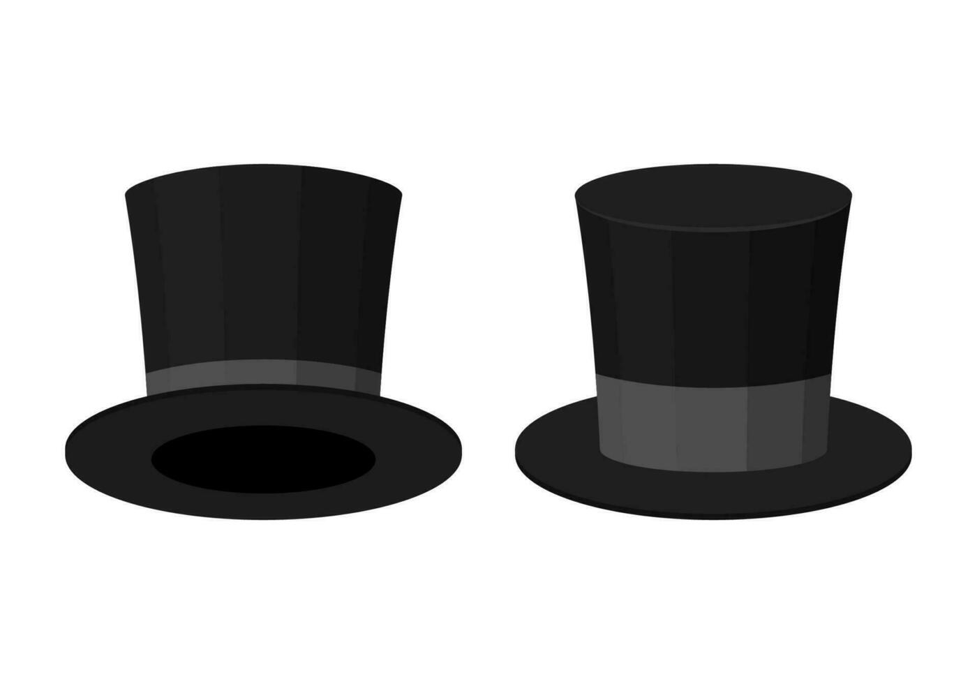 Black Top Hat isolated on white background. Cylinder gentleman hat, broad-brimmed magic hat with grey ribbon. Stylish men accessory. Vector illustration.