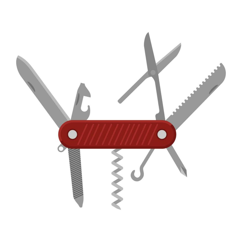 Knife pocketknife or multi-tool isolated on white background. Red swiss knife has a main spearpoint blade, screwdrivers, a can opener, corkscrew, scissors and various tools. Vector illustration.