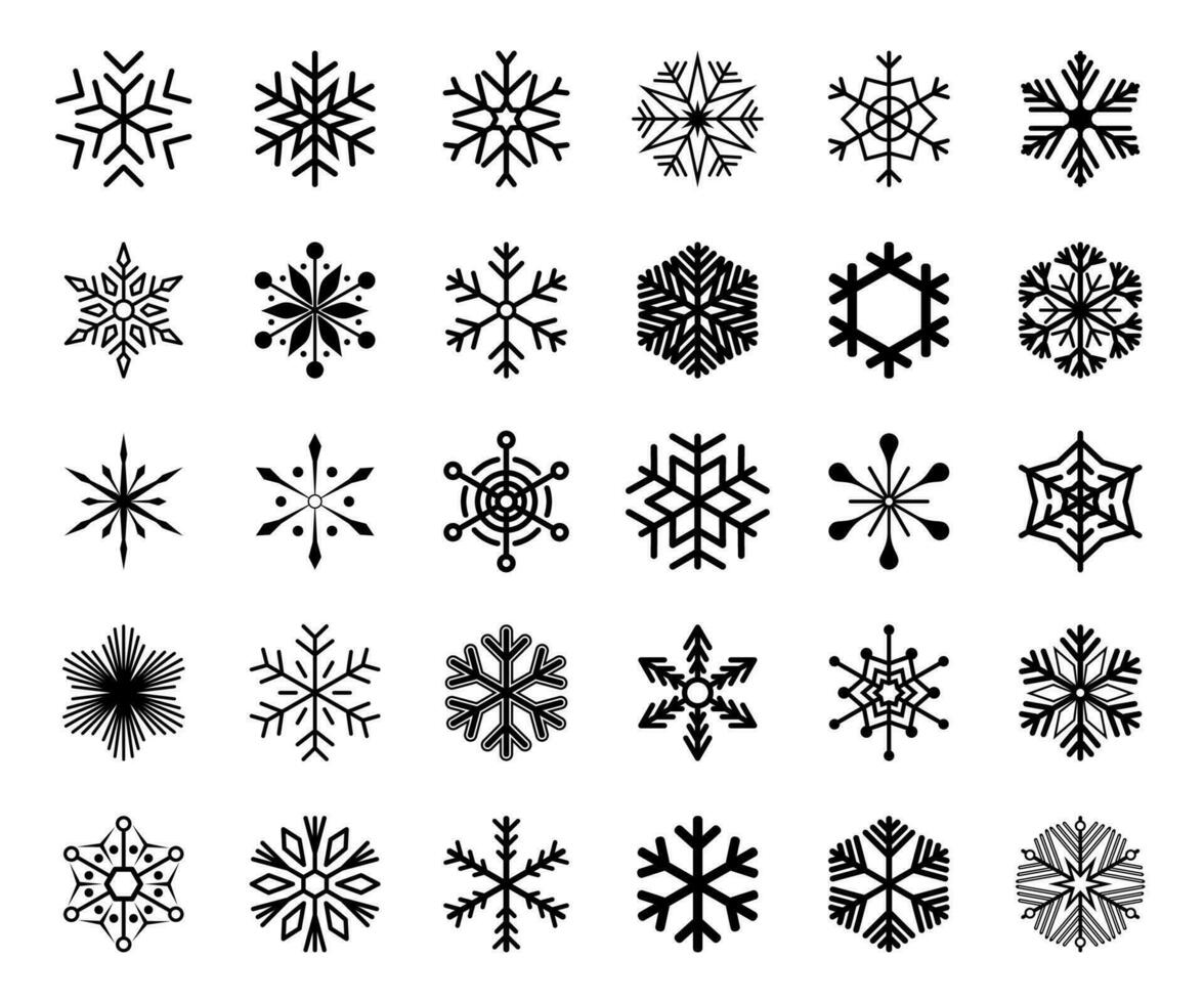 Big set of snowflake icons isolated on white background. Snow icons silhouette, winter, New year and Christmas decoration elements. Vector illustration.