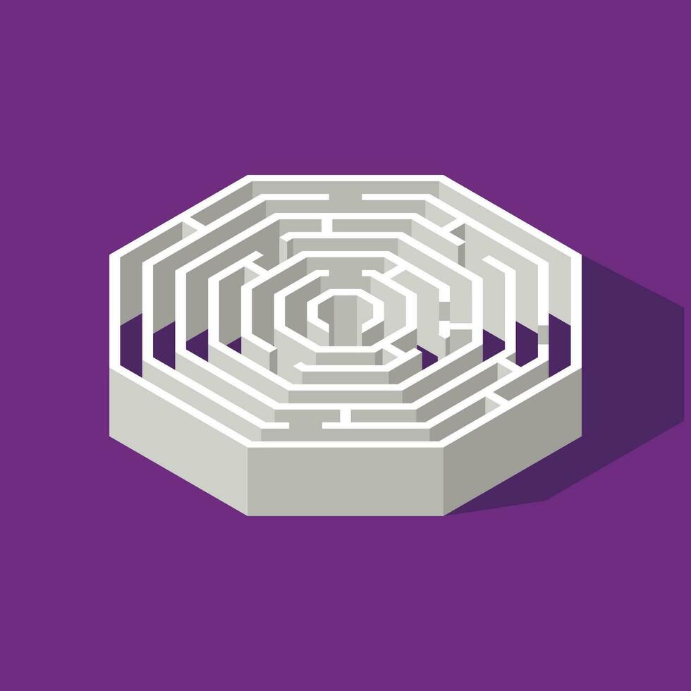 Labyrinth hexagon isometric game and maze fun puzzle isolated on purple background. Puzzle riddle logic game isometric concept. Vector illustration