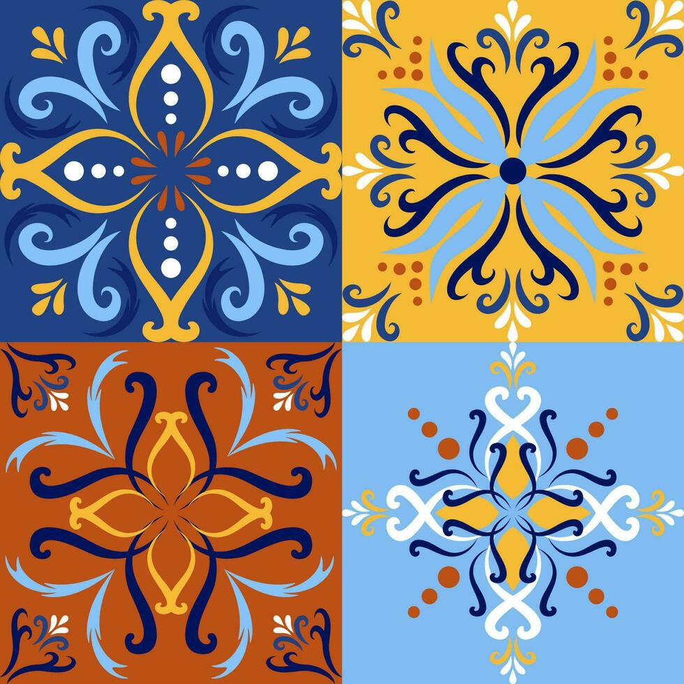 Italian ceramic tile set seamless pattern backgrounds. Traditional ornate talavera decorative color tiles azulejos. Spanish, Italian, Portuguese, Turkish motifs floral mosaic. Ethnic ornament vector