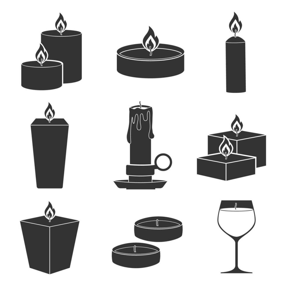 Set candles icons isolated on white background. Aromatherapy burning candles with aromatic plant and essential oils for spa. Elements for new year, christmas cards and romantic. Vector illustration