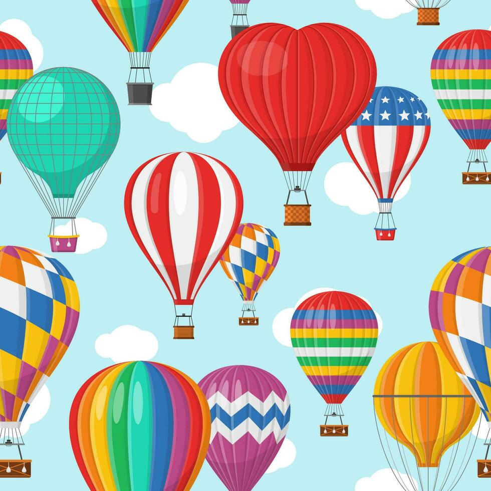 aeróstato globo transporte con cesta y nubes volador en azul cielo sin costura patrón, dibujos animados globo diferente formas en globo aventuras vuelo, hinchado de viaje volador, antecedentes vector