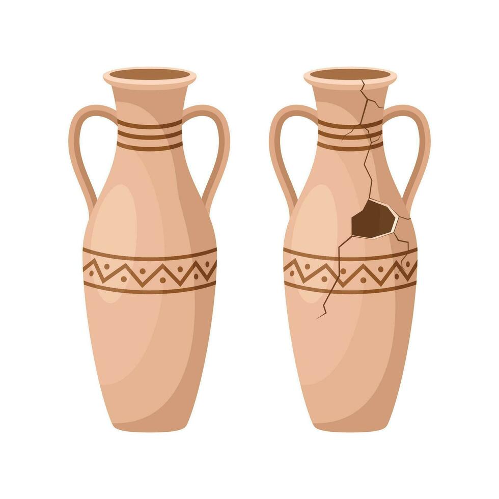 Whole and broken ancient amphora icon with two handles. Antique clay vase jar, Old traditional vintage pot. Ceramic jug archaeological artefact. Greek or Roman vessel pottery for wine or oil. Vector