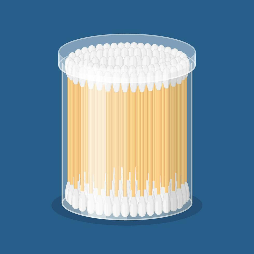 Cotton swab in container isolated on blue background. Care and hygiene. Wooden ear stick and cosmetic bud. Bath and makeup symbols. Vector illustration