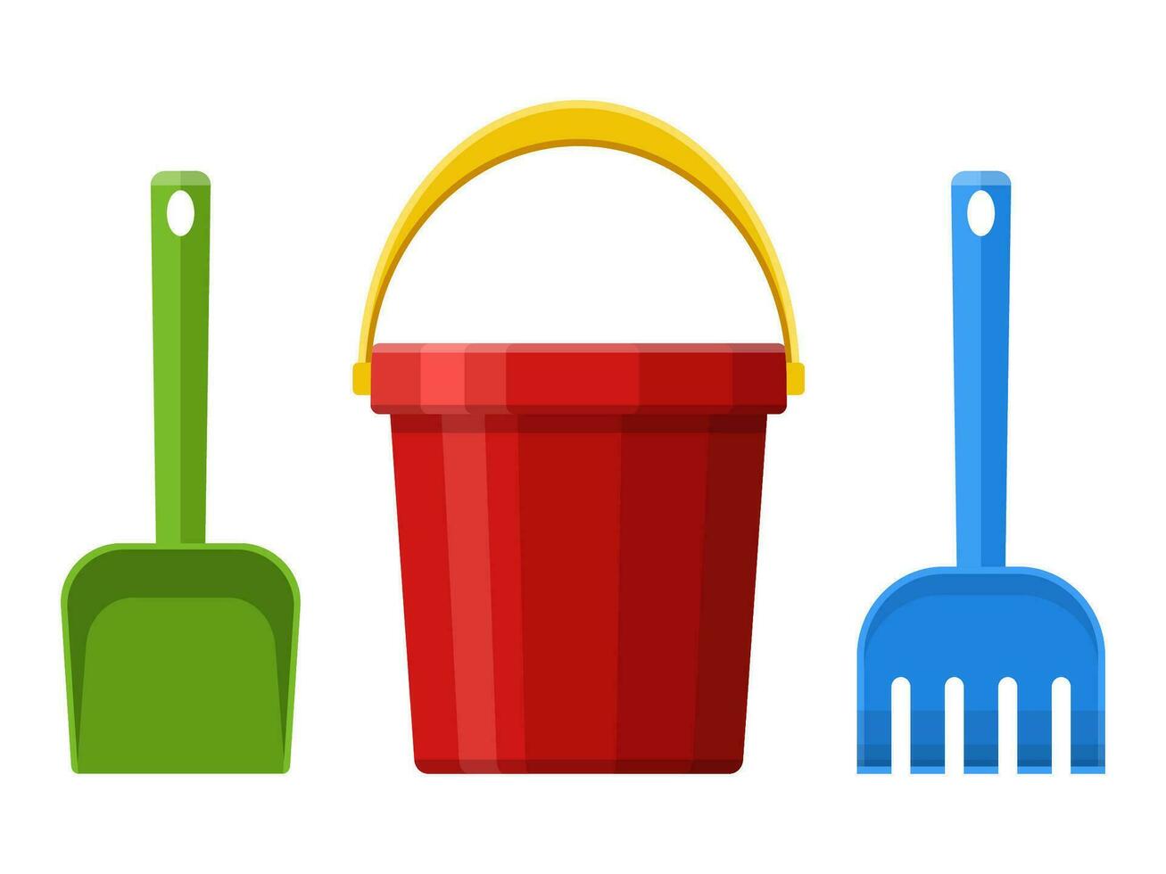 Red baby bucket, spade and rake isolated on white background. Toys set for children sandbox and playground, little bucket and shovel. Vector illustration.