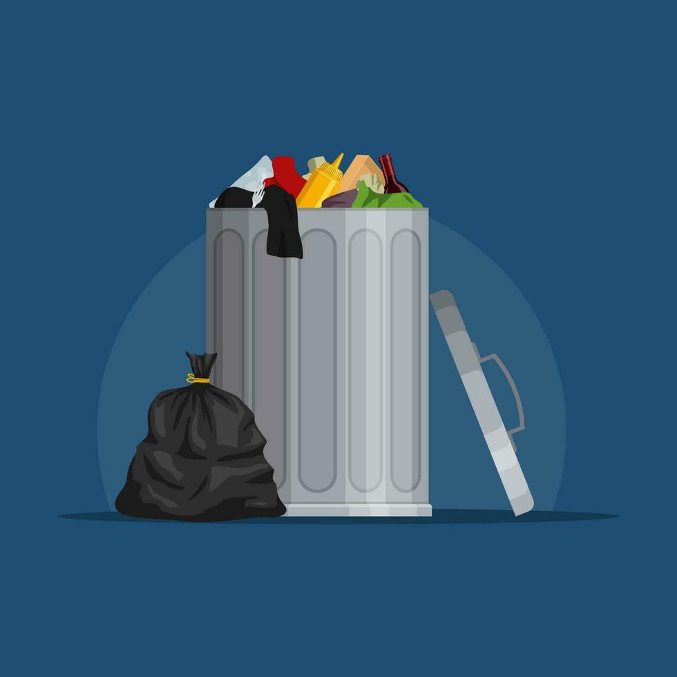 acero basura compartimiento lleno de basura. basura lata con basura aislado en azul antecedentes. caballito compartimiento y basura bolsa. escena con pila de desperdiciar, vector ilustración.