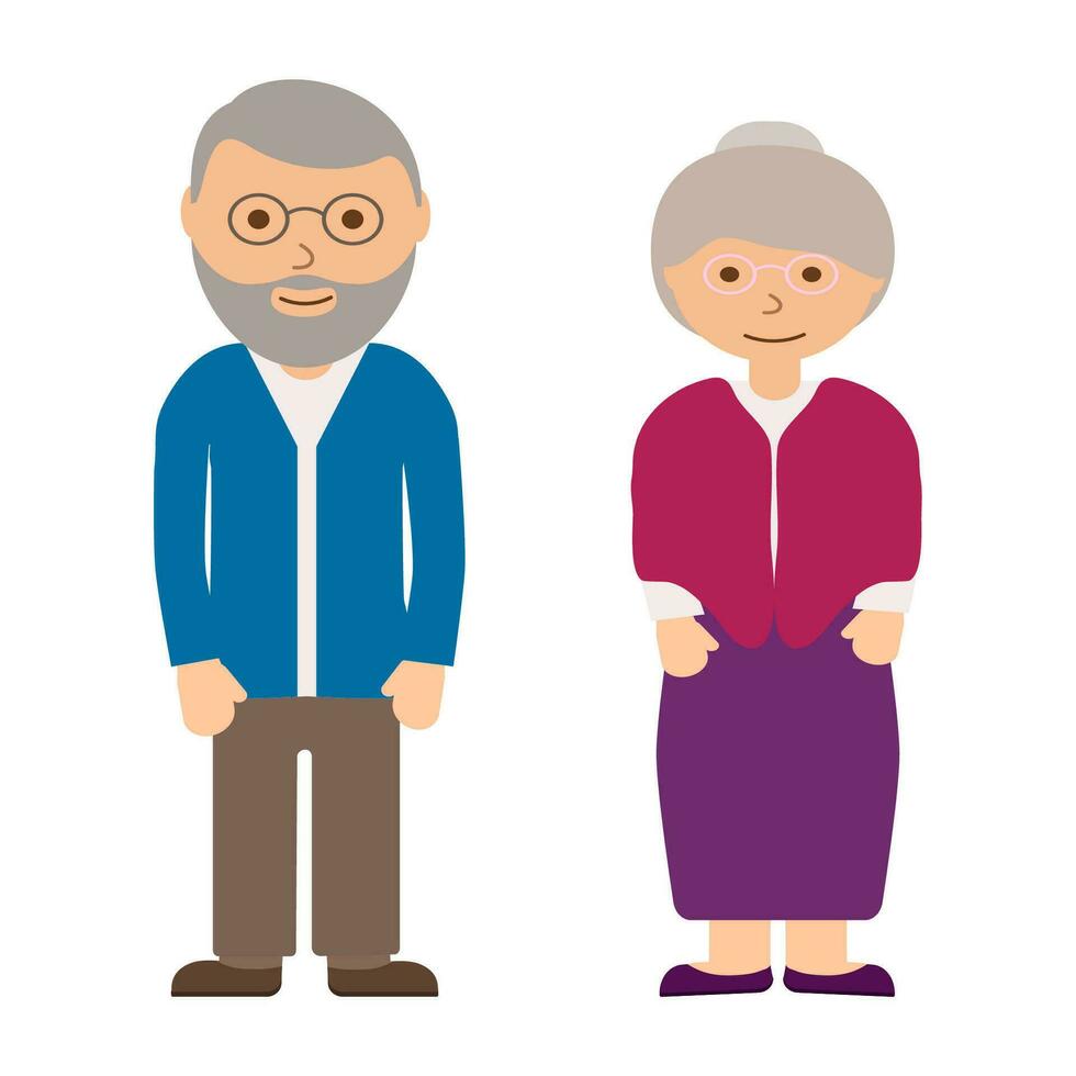 Happy grandfather and grandmother on white background. Old people in family. Grandparents in glasses. Aged grey haired couple. Vector illustration