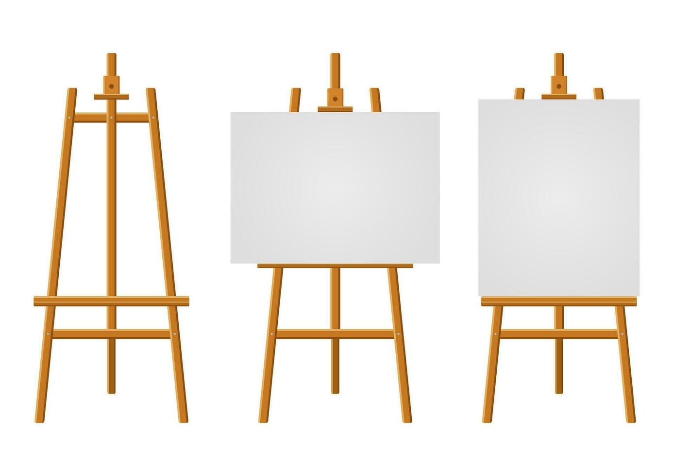 Wood easels or painting art boards with white canvas of different sizes. Easels with horizontal and vertical paper sheets. Artwork blank poster mockups. Vector illustration