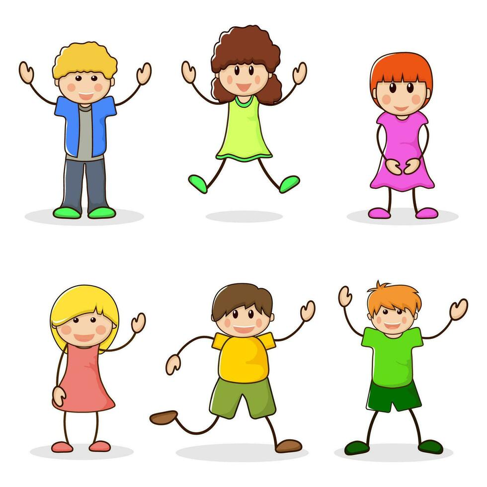 contento muchachas y Niños. conjunto de dibujos animados caracteres niños. linda adolescentes reír. colegio niños línea estilo. linda alumno. vector ilustración