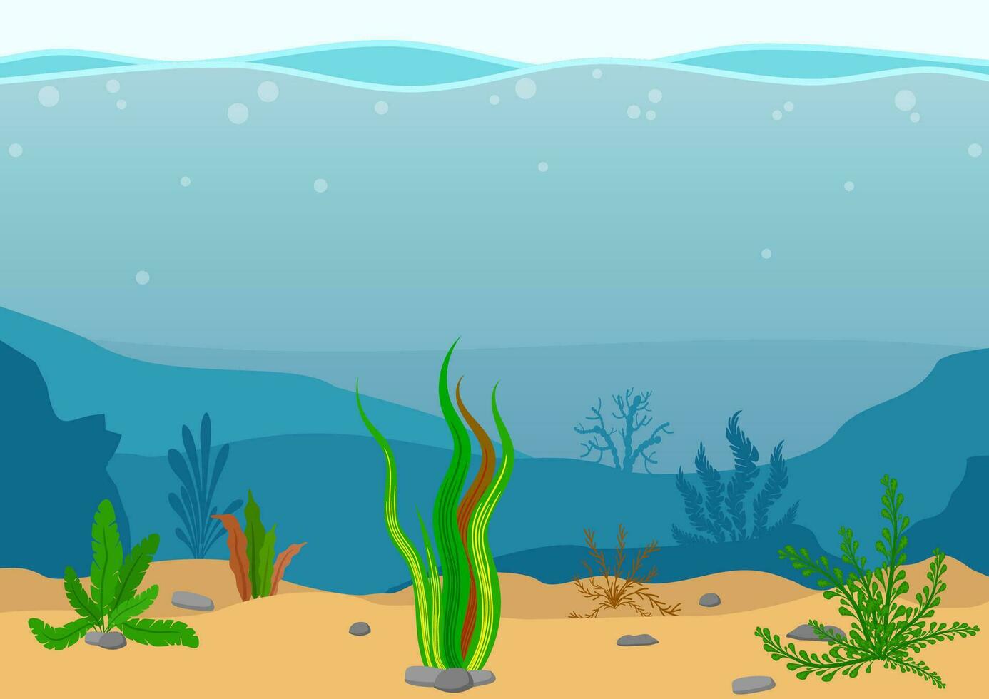 Underwater landscape with seaweeds. Seascape with reef. Marine sea bottom silhouette with seaweed. Nature Scene in flat cartoon style. Vector illustration