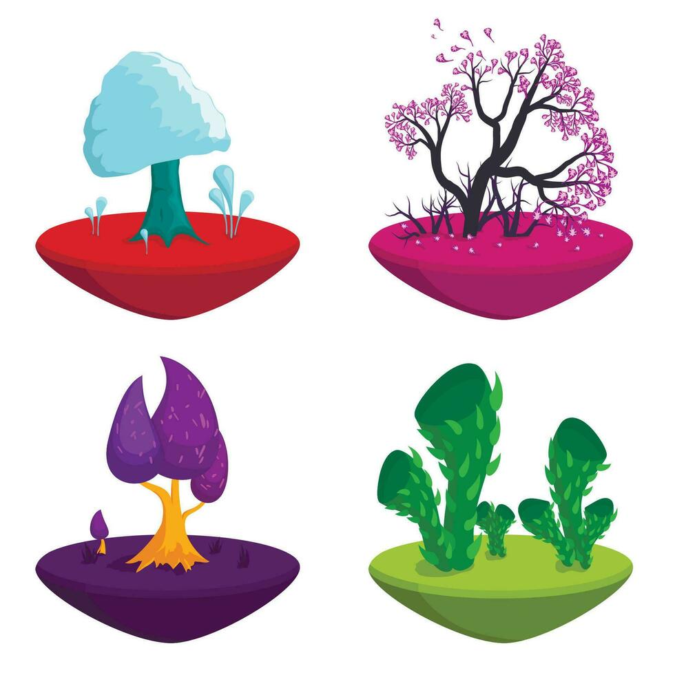 Fairytale trees set isolated on white background. Fantasy plants nature landscape elements, Funny colorful magic trees. Forest with cartoon treetops. vector