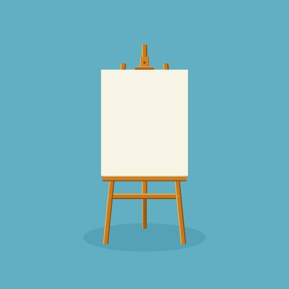 Wood easel or painting art board with white canvas on blue background. Easel with paper sheets. Artwork blank poster mockup. Vector illustration