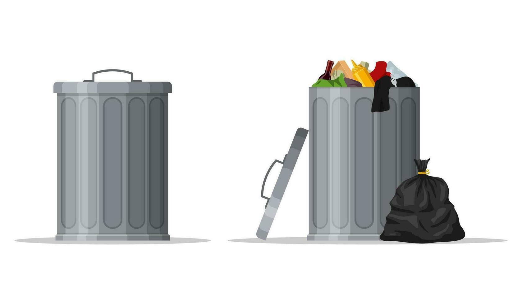 Steel garbage bin full of trash and container with closed lid. Trash can with rubbish isolated on white background. Wheelie bin and trash bag. Scene with pile of waste, Vector illustration.