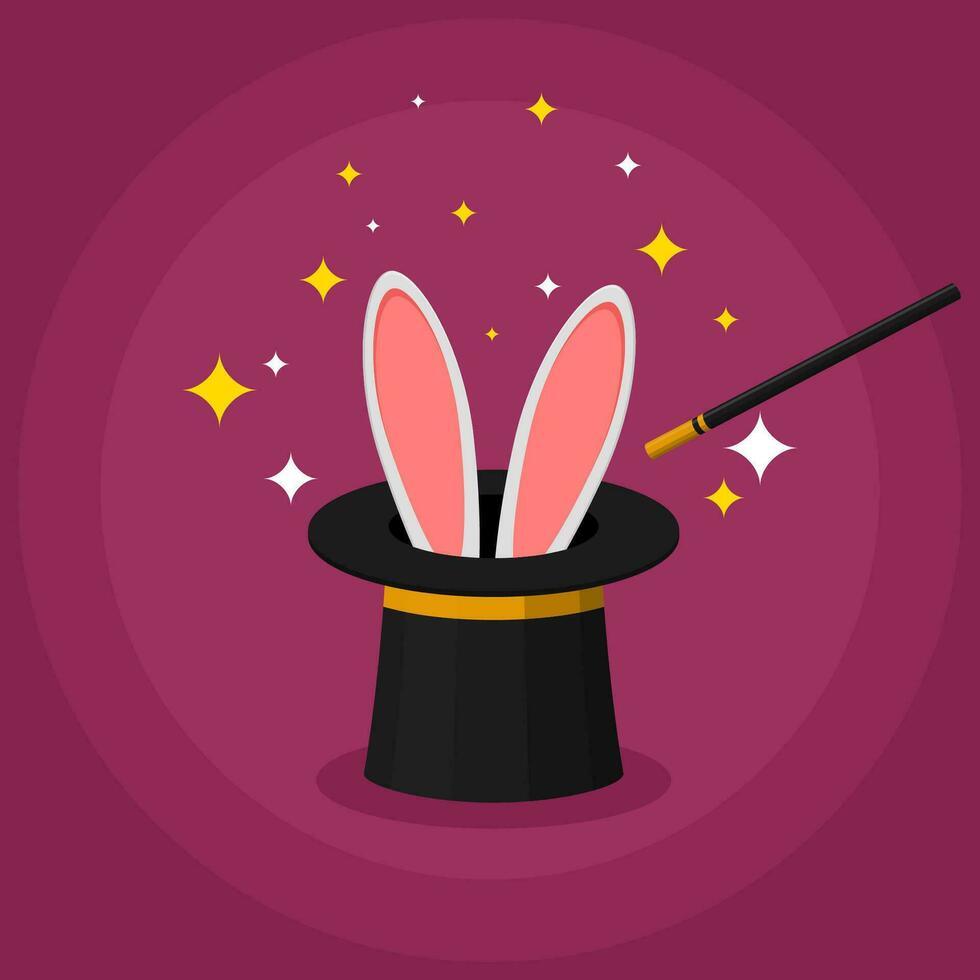 Magic top hat with rabbit ears and a wand, magician shows a trick. Entertainment party or beautiful circus show concept. Vector illustration.