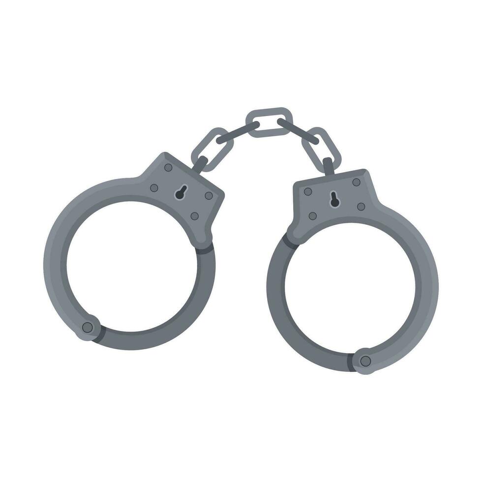 Metal handcuffs for detaining criminals isolated on white background. Outfit of a policeman. Element of police and prison icon of arrest of offender. Restriction of freedom. Shackles for the hand. vector