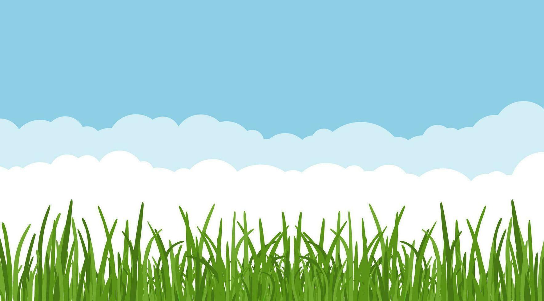 Landscape with green grass against the blue sky and clouds background. grass leaves and lawn at the foreground. vector