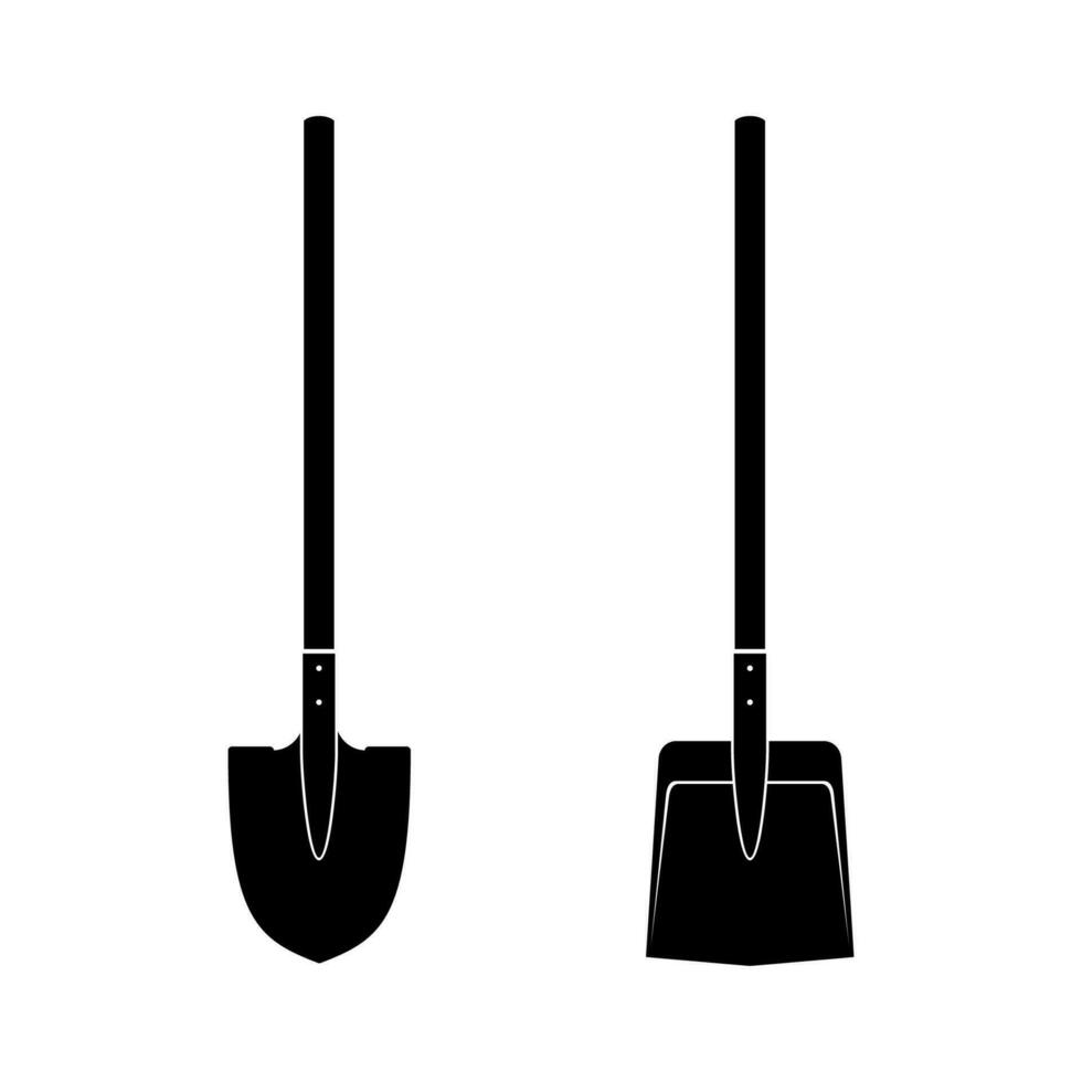 Shovel and spade icon isolated on white background. Work tool for outdoor activities, digging, gardening. Construction equipment. Vector illustration.