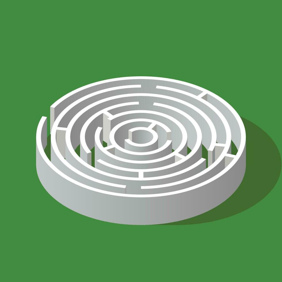 Labyrinth circle isometric game and maze fun puzzle isolated on green background. Puzzle riddle round logic game isometric concept. Vector illustration