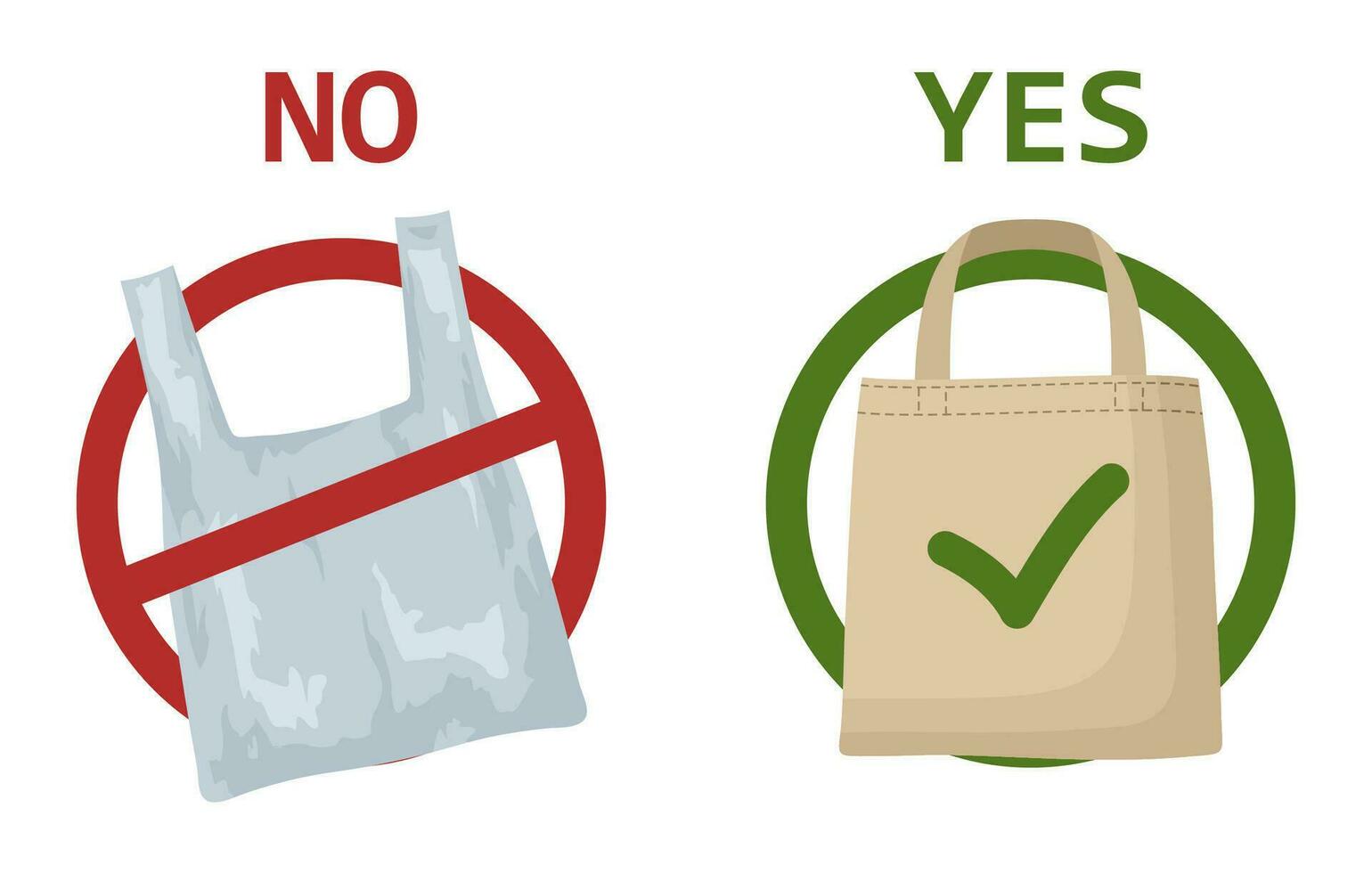 Pollution problem concept. Plastic bag and eco bag isolated on white background. Say no to plastic bags, bring your own textile bag. Signage calling for stop using disposable polythene package. Vector
