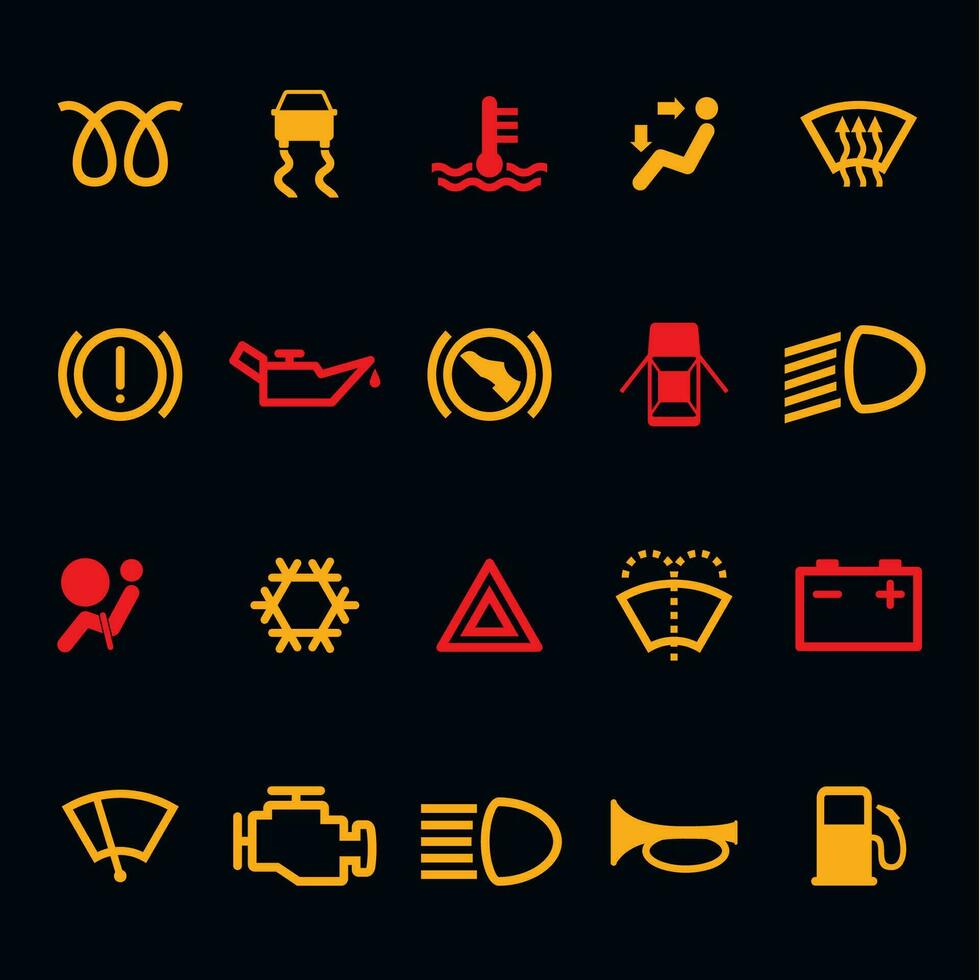 Car dashboard icons set isolated on black background. Icon pack car information pictograms. Vector