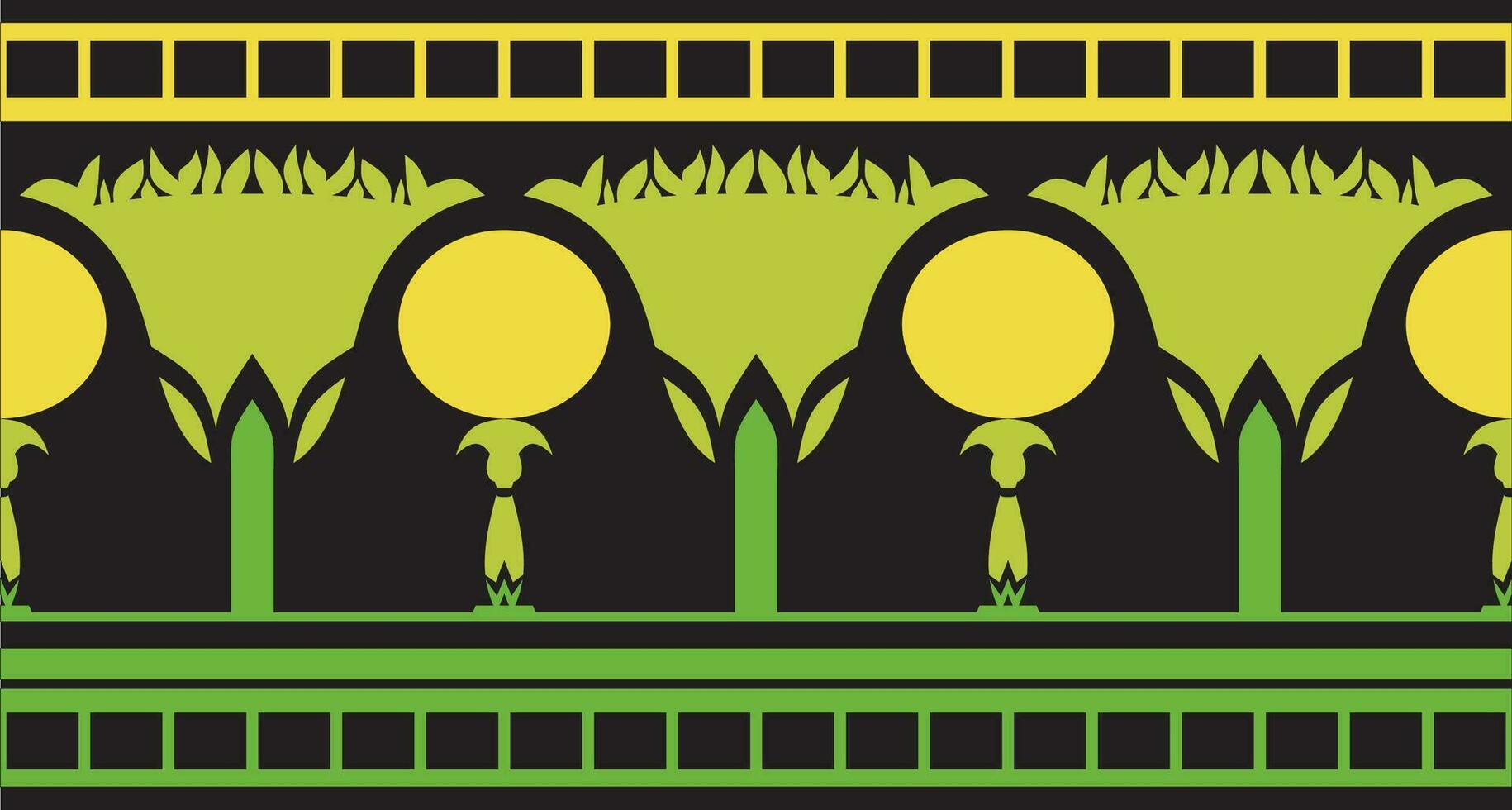 Vector green seamless Egyptian border. Endless ornament of Ancient Africa. Pattern of lotus flowers and sun