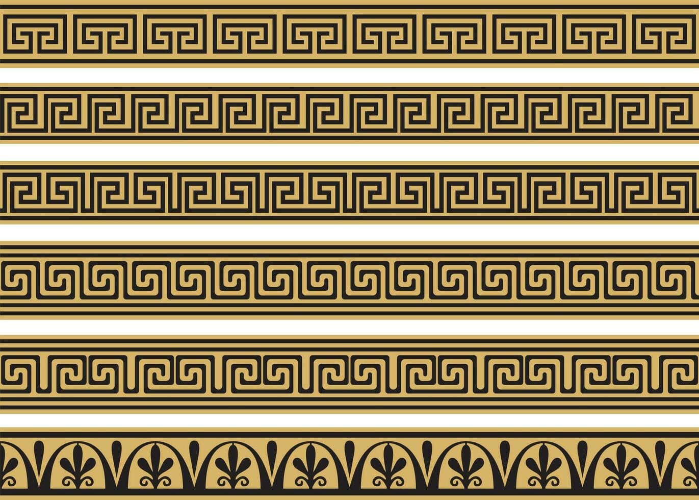 Set of vector seamless greek classic ornament. Pattern for a border and a frame. Ancient Greece and the Roman Empire. Endless golden with black meander