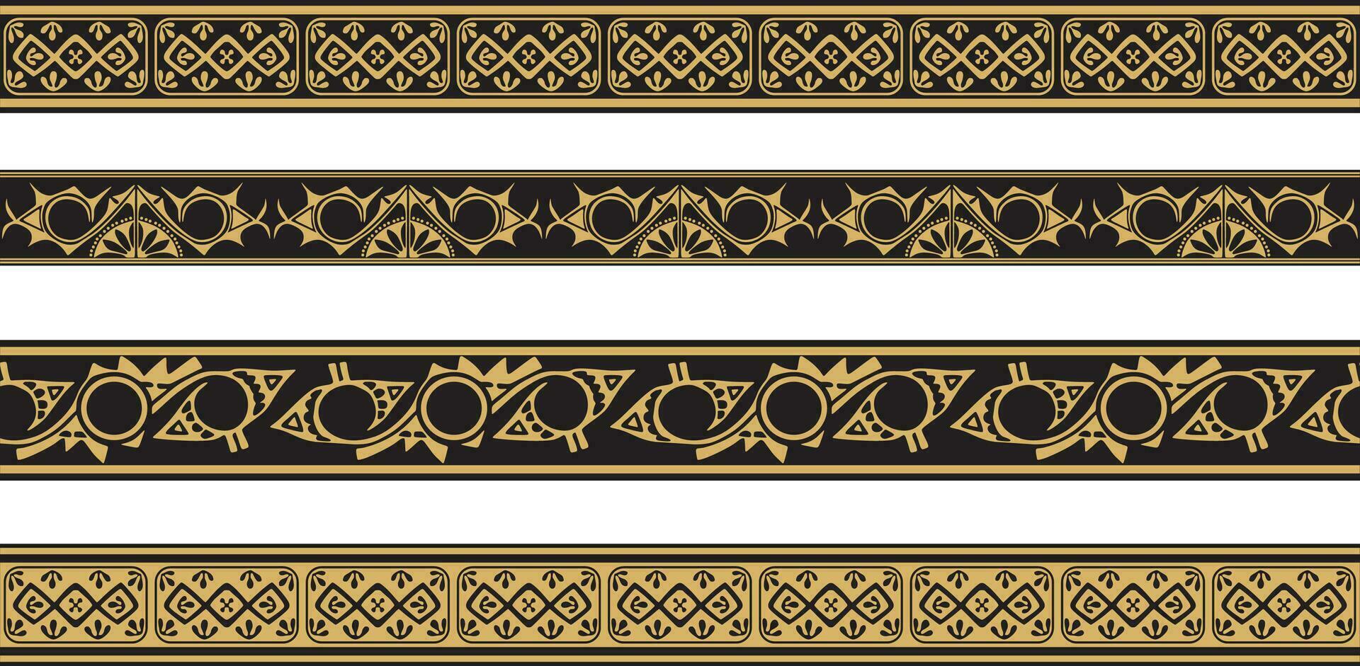 Vector set of gold and black native american ornamental seamless borders. Framework of the peoples of America, Aztecs, Maya, Incas