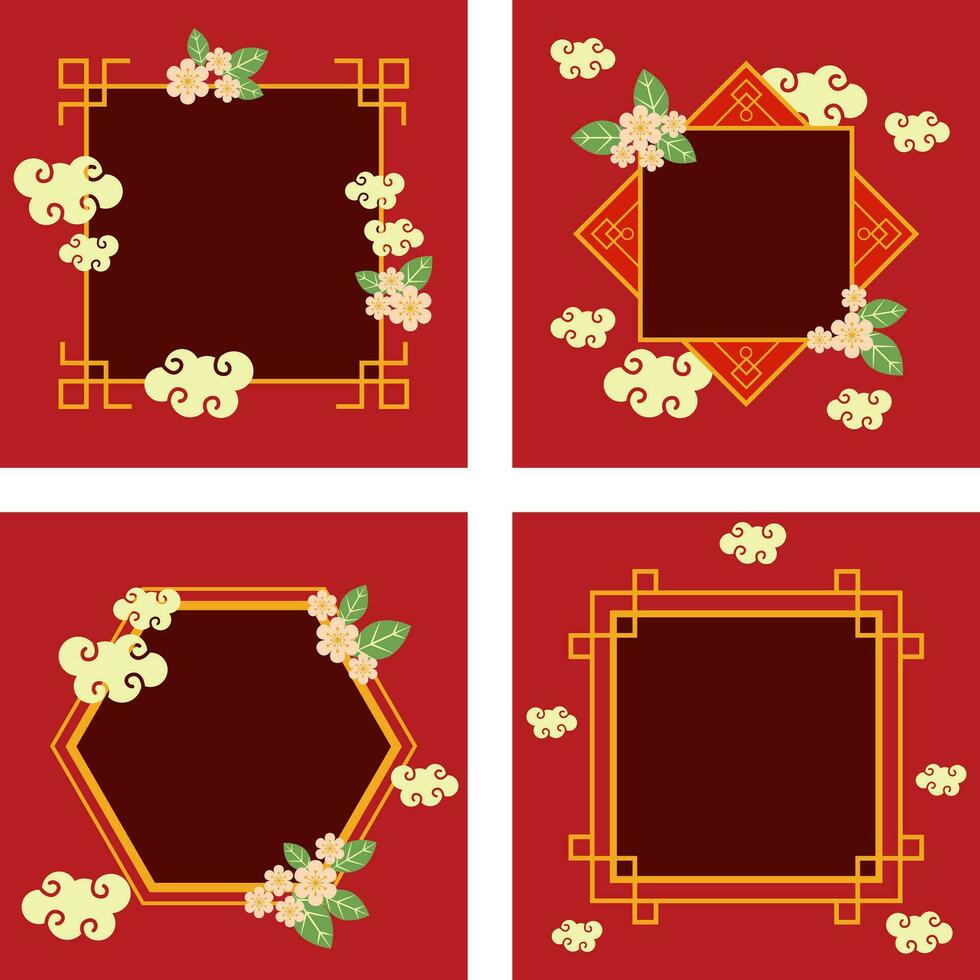 chino oriental rojo marco con flores vector