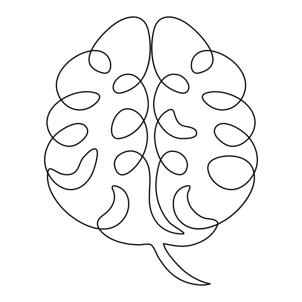 Continuous single line art drawing of human brain icon and outline vector illustration design