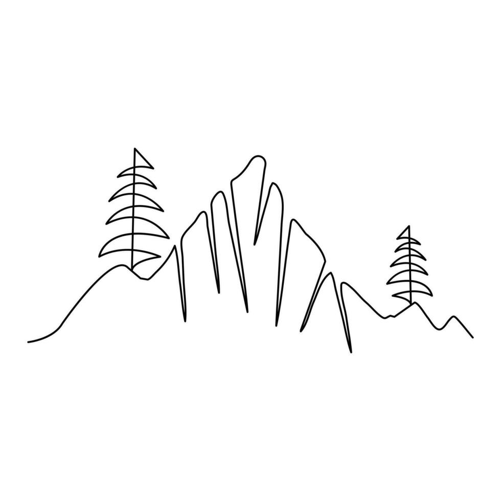 Continuous single line hand draw of high mountain sketch and outline vector illustration design
